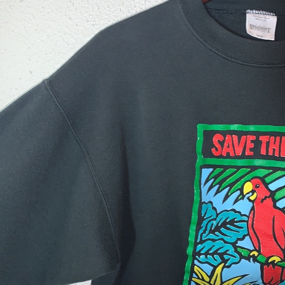 VINTAGE 89’s Save the Rainforest Red macaw tropical black sweatshirt Sz L cozy - Picture 13 of 17